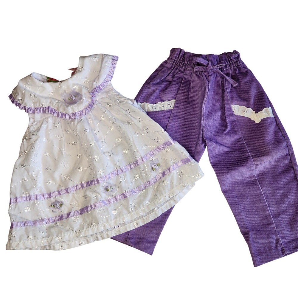 VTG Baby Girl Purple Corduroy Eyelet Lace Ribbons Bows Outfit Roses‎ Size 6 Mo.